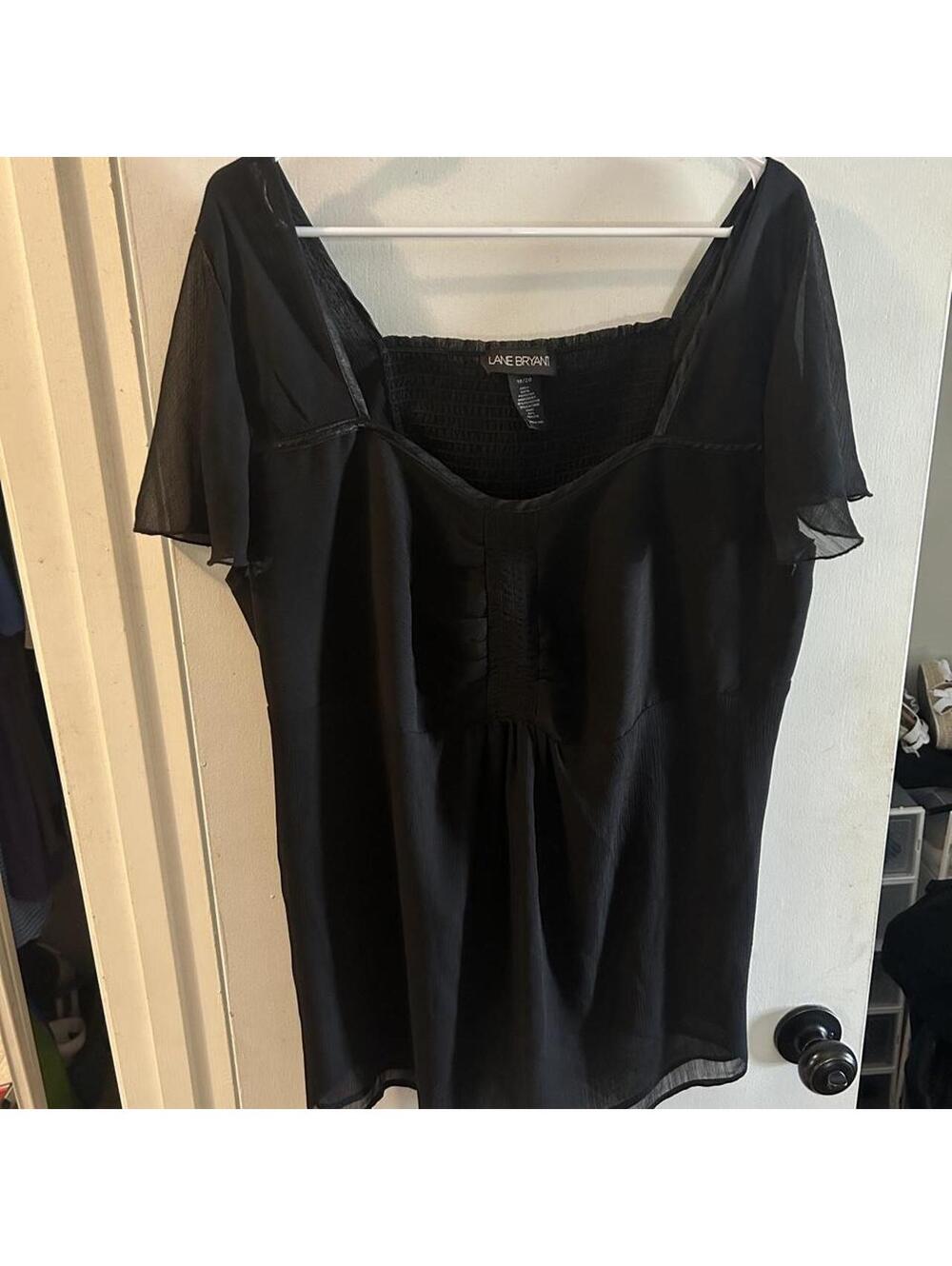 Lane Bryant black polyester & elastane blouse with ruched detail, size 18/20